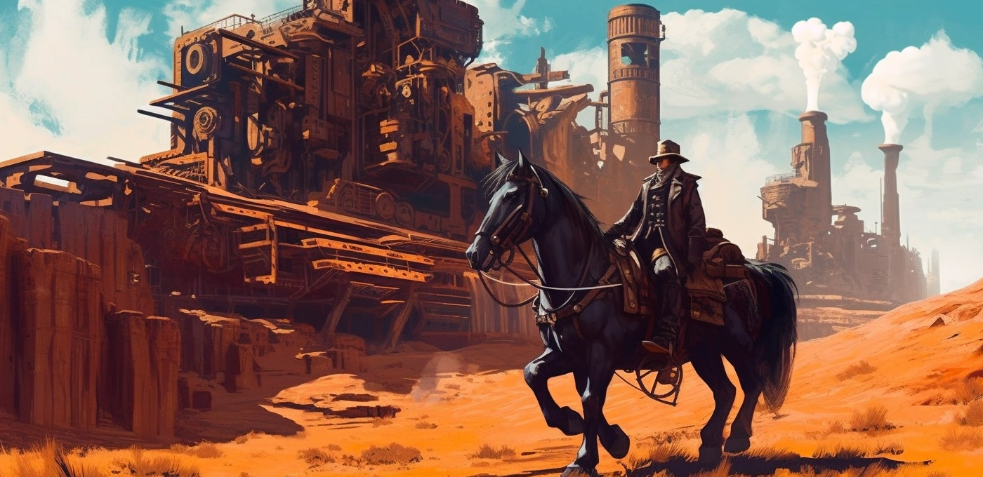 a cowboy riding in front of industrial machines