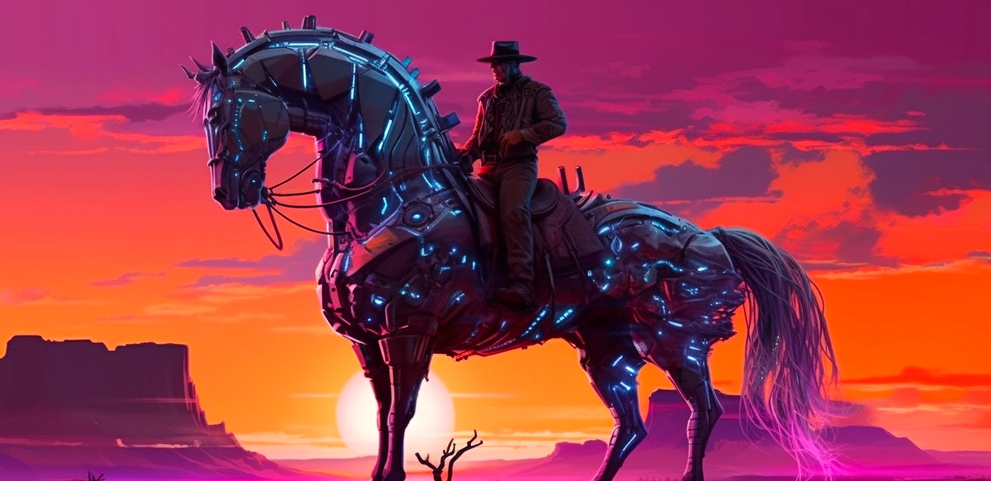 a cowboy riding on a cyber horse